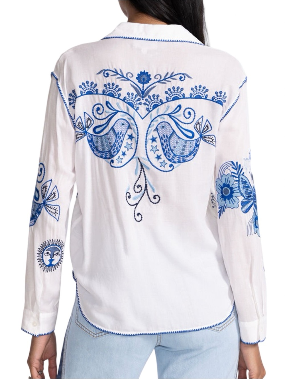 Johnny Was Women’s Size S White Blue Embroidered Button Down Pocket Shirt